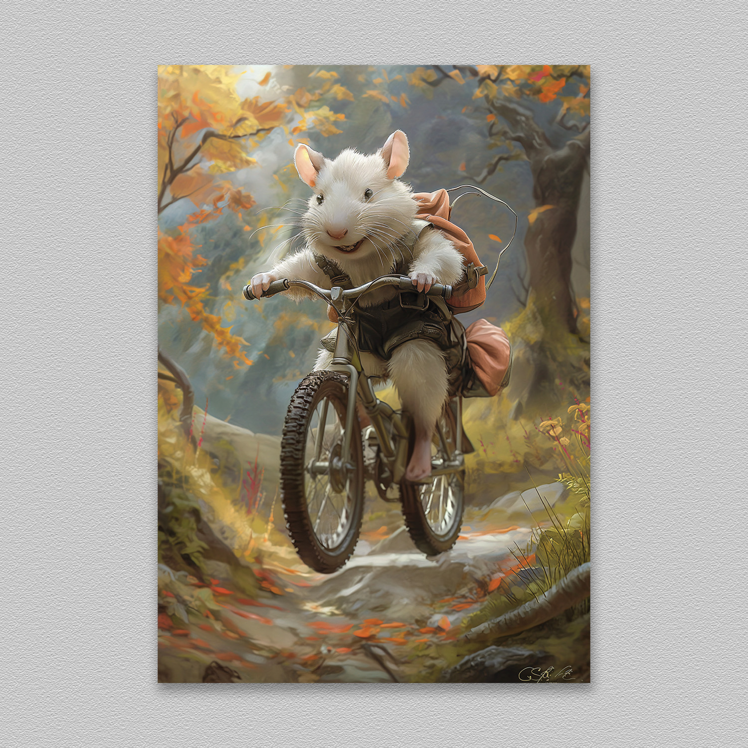 White Mouse Riding A Bike Poster